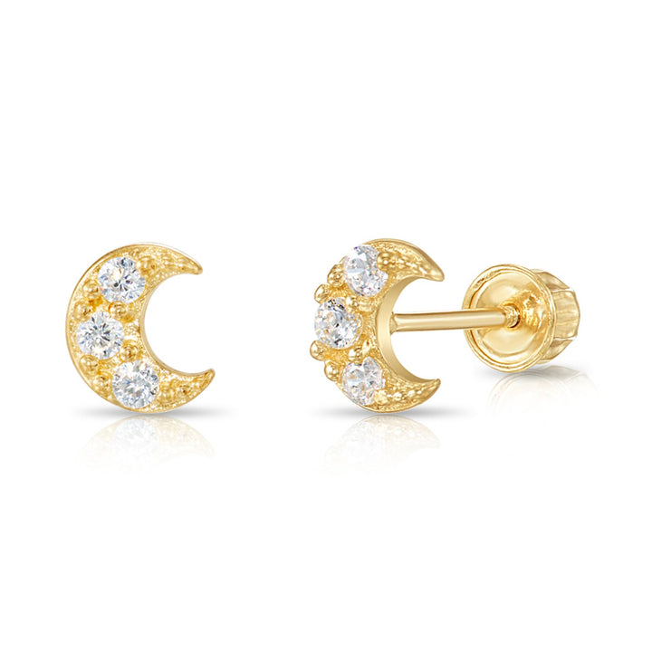 14k Gold Cubic Zirconia Cresent Moon Stud Earrings, Screwback