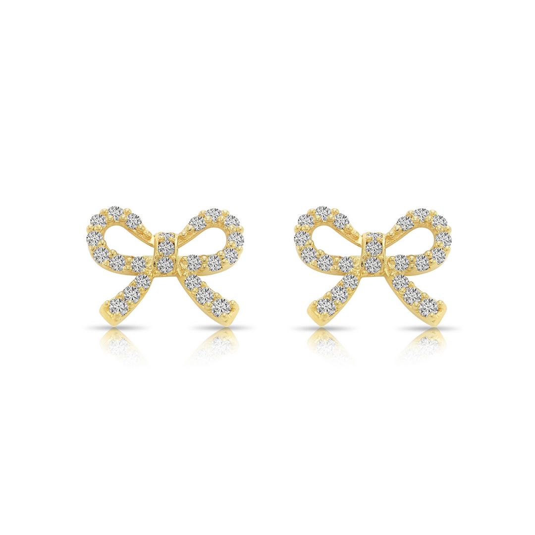 14k Yellow Gold Ribbon with Cubic Zirconia Stud Earrings - Screwbacks