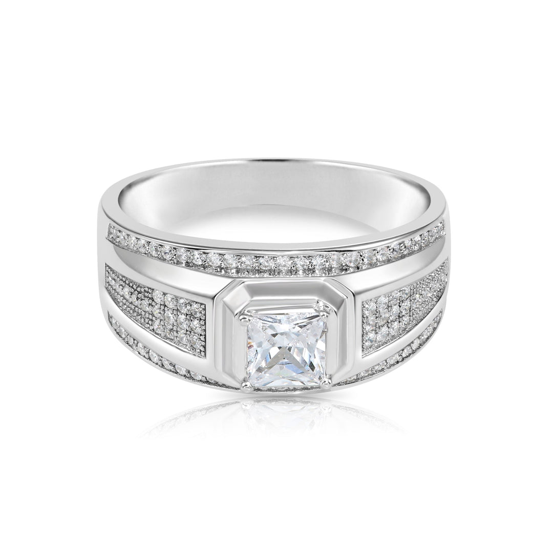 Solid Silver Men's Ring with Square and Round Cubic Zirconia Stones