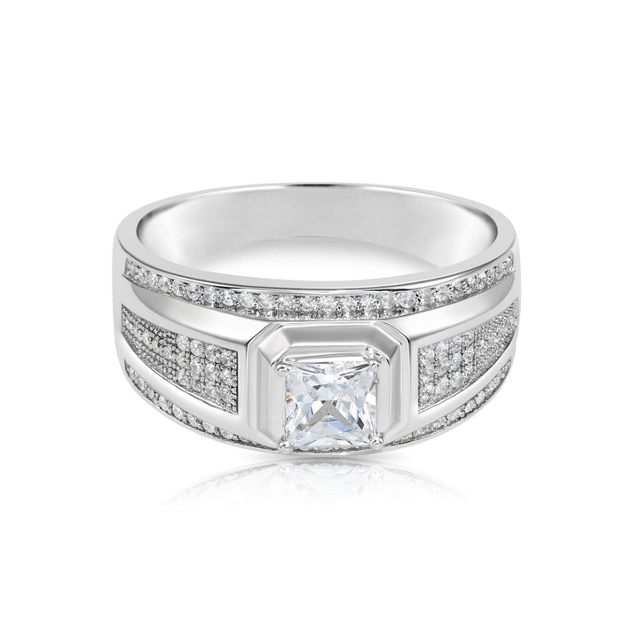 Solid Silver Men's Ring with Square and Round Cubic Zirconia Stones