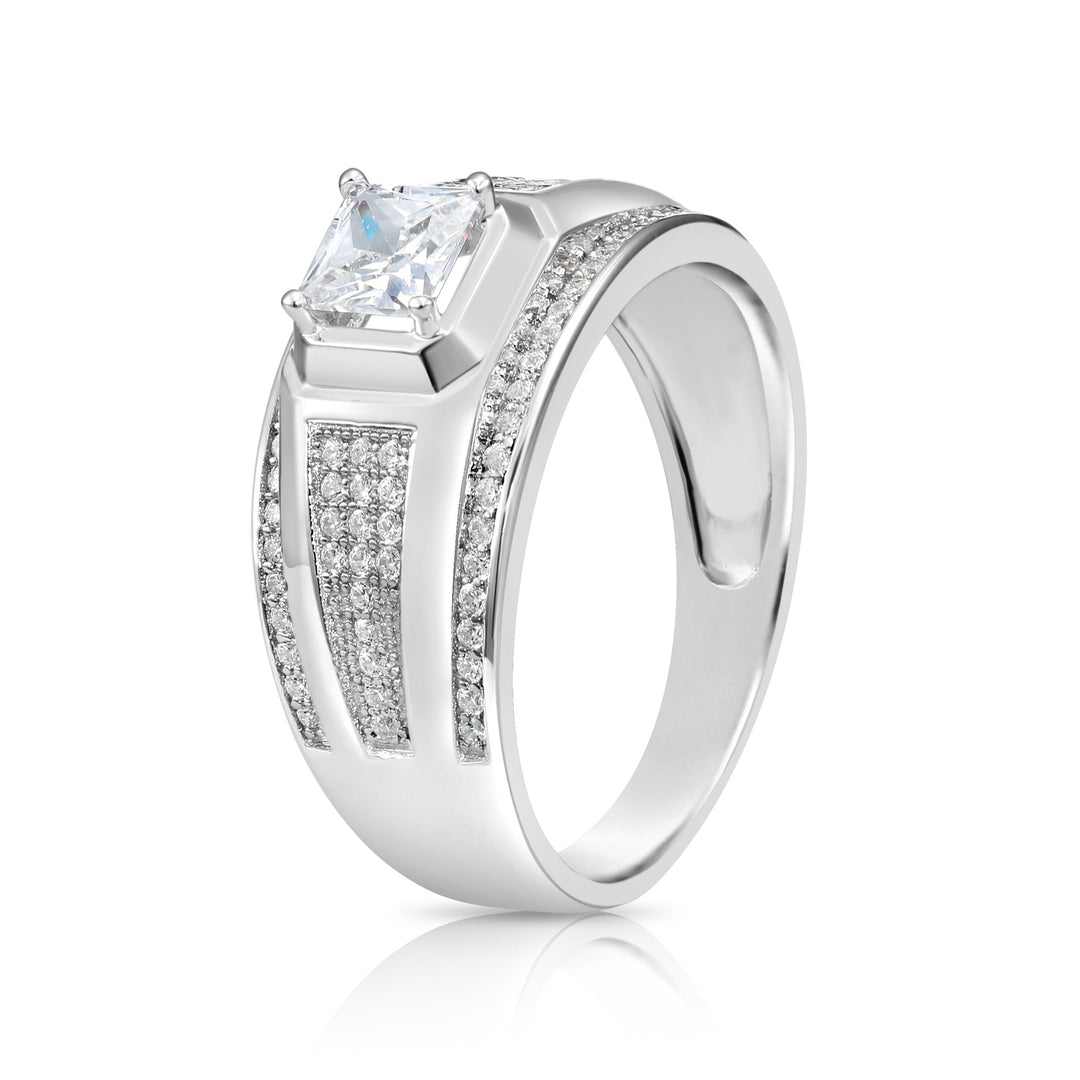 Solid Silver Men's Ring with Square and Round Cubic Zirconia Stones
