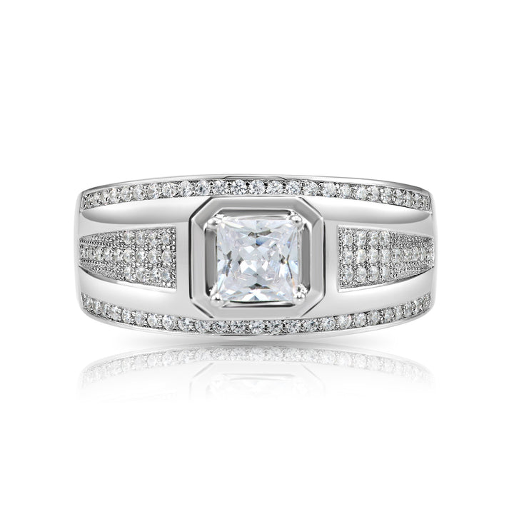 Solid Silver Men's Ring with Square and Round Cubic Zirconia Stones