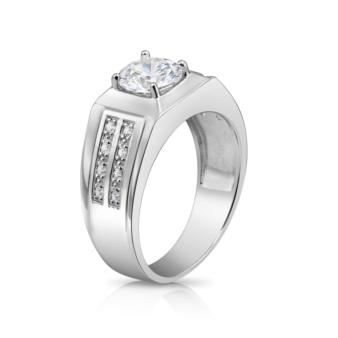 .925 Silver Mens Ring with Double Row Cubic Zirconia Stones