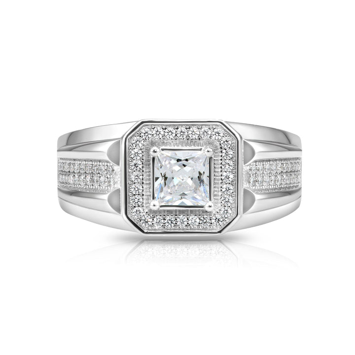 .925 Silver Men's Ring with Square Center and Halo Cubic Zirconia