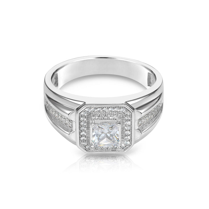 .925 Silver Men's Ring with Square Center and Halo Cubic Zirconia