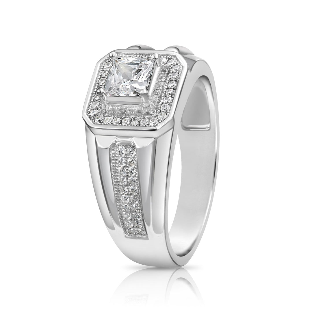 .925 Silver Men's Ring with Square Center and Halo Cubic Zirconia