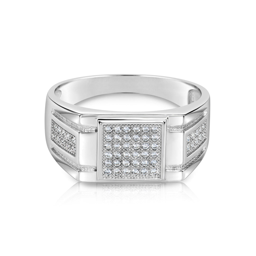 Solid Silver Mens Ring with Cubic Zirconia Stones