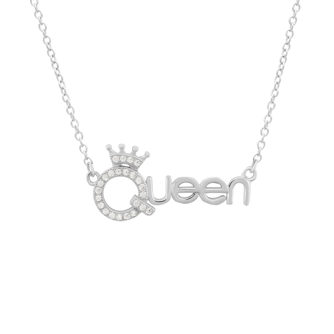 925 Sterling Silver "Queen" Scripted Cubic Zirconia Adjustable Pendant Necklace