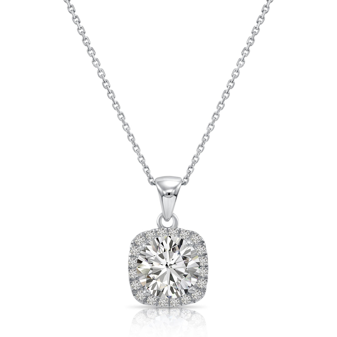 925 Sterling Silver Square Halo with Round Center Stone Pendant Necklace