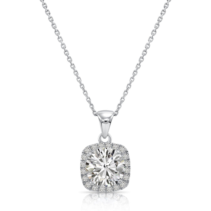 925 Sterling Silver Square Halo with Round Center Stone Pendant Necklace