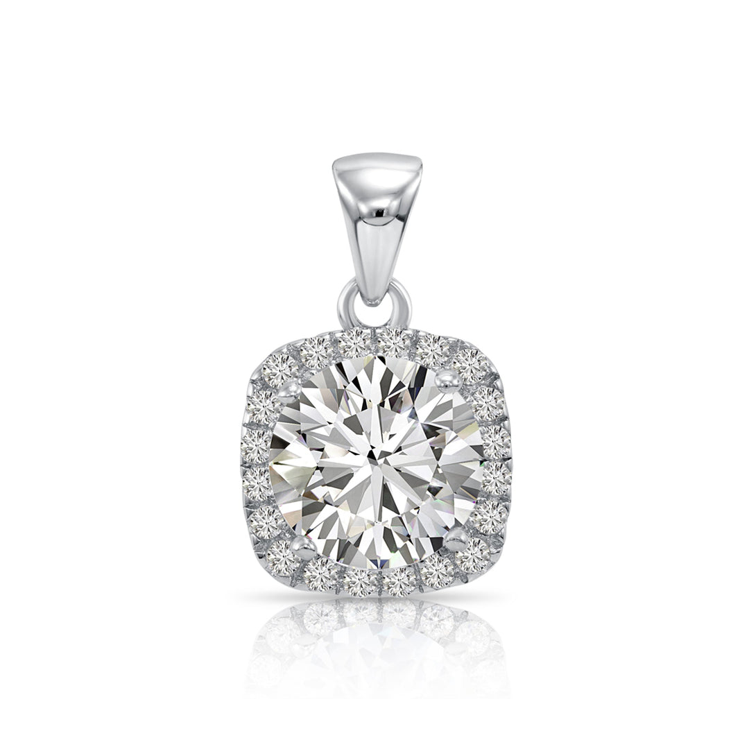 925 Sterling Silver Square Halo with Round Center Stone Pendant Necklace