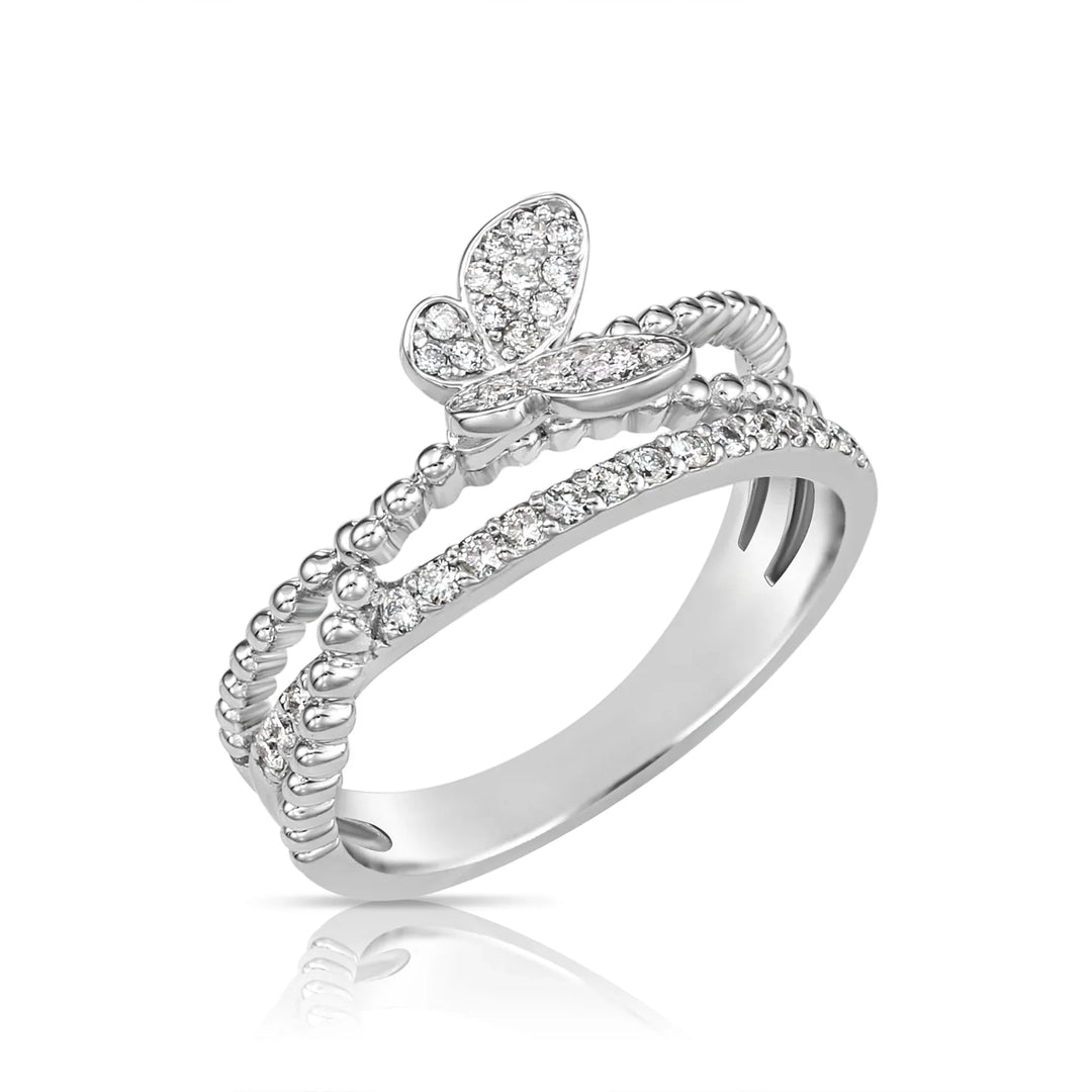 14K White Gold 0.31 CTTW Natural Diamond Butterfly 3 Band Ring