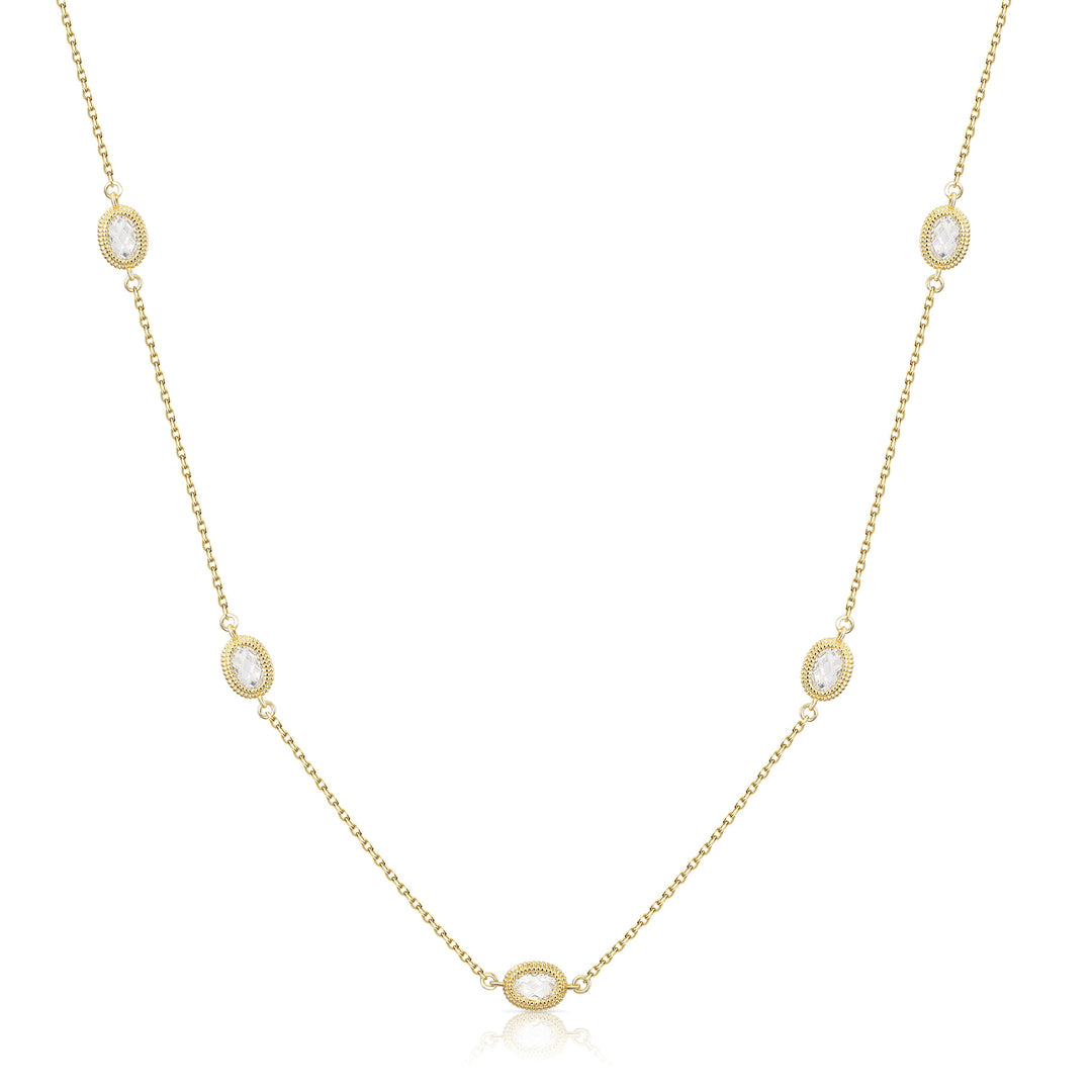 925 Sterling Silver Milgrain Oval Cubic Zirconia By The Yard Gold Tone Necklace