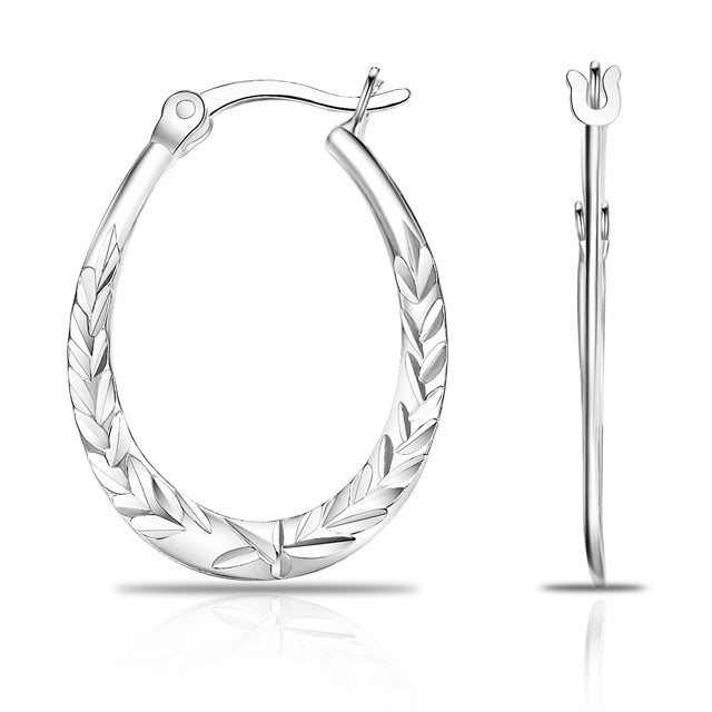 Floral Diamond-cut Oval Hoop Earrings in 925 Sterling Silver