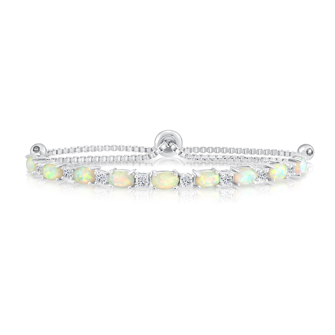 925 Sterling Silver Fire Opal with Round Cubic Zirconia Adjustable Bracelet