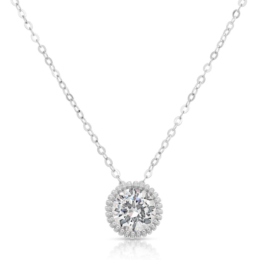 14K Gold Double Row Milgrain Round Cubic Zirconia Pendant Necklace with Adjustable Cable Chain