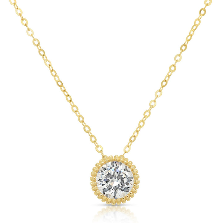 14K Gold Double Row Milgrain Round Cubic Zirconia Pendant Necklace with Adjustable Cable Chain