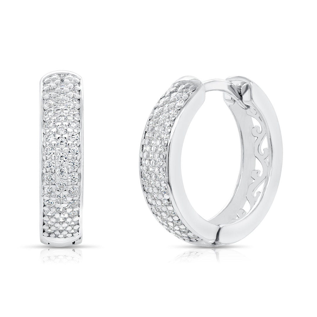 925 Sterling Silver Triple Row Pave Cubic Zirconia Huggie Hoop Earrings