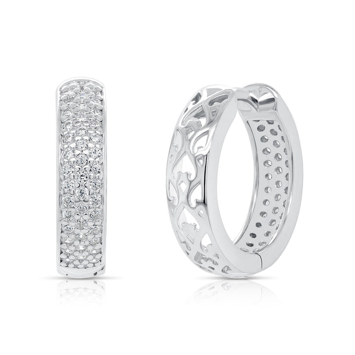 925 Sterling Silver Triple Row Pave Cubic Zirconia Huggie Hoop Earrings