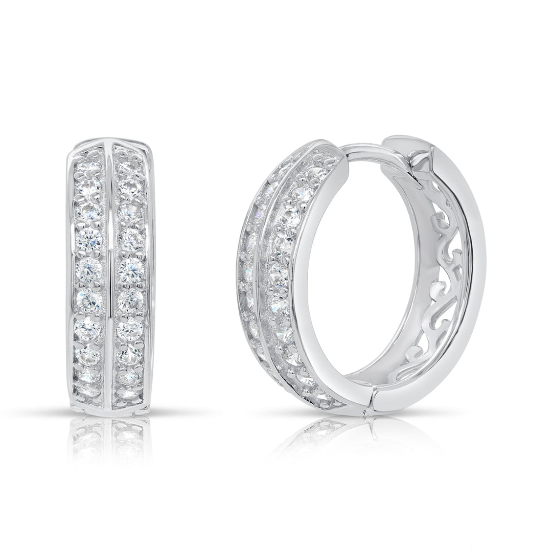 925 Sterling Silver Double Row Cubic Zirconia Huggie Hoop Earrings