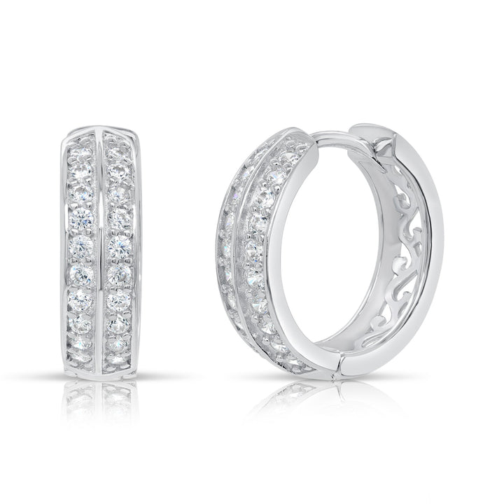 925 Sterling Silver Double Row Cubic Zirconia Huggie Hoop Earrings