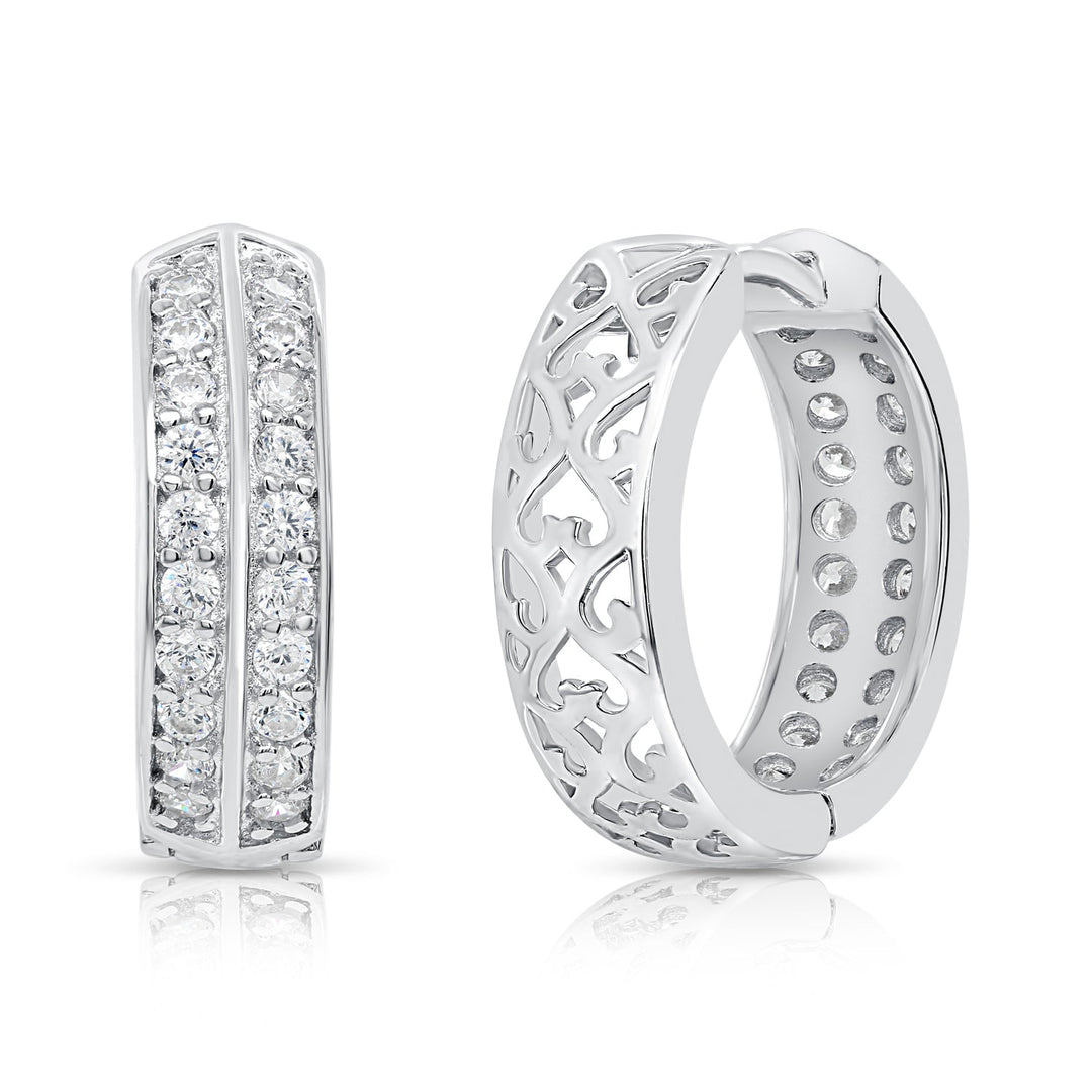925 Sterling Silver Double Row Cubic Zirconia Huggie Hoop Earrings