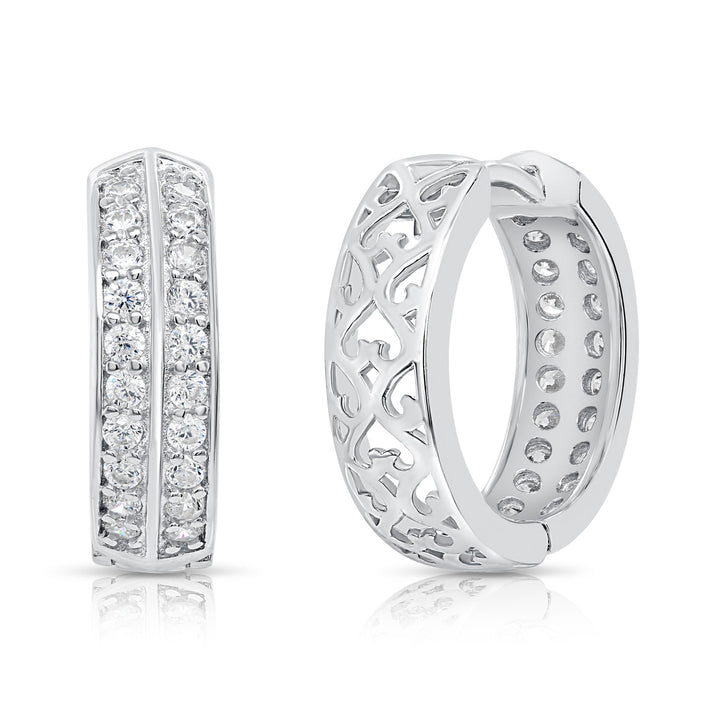 925 Sterling Silver Double Row Cubic Zirconia Huggie Hoop Earrings