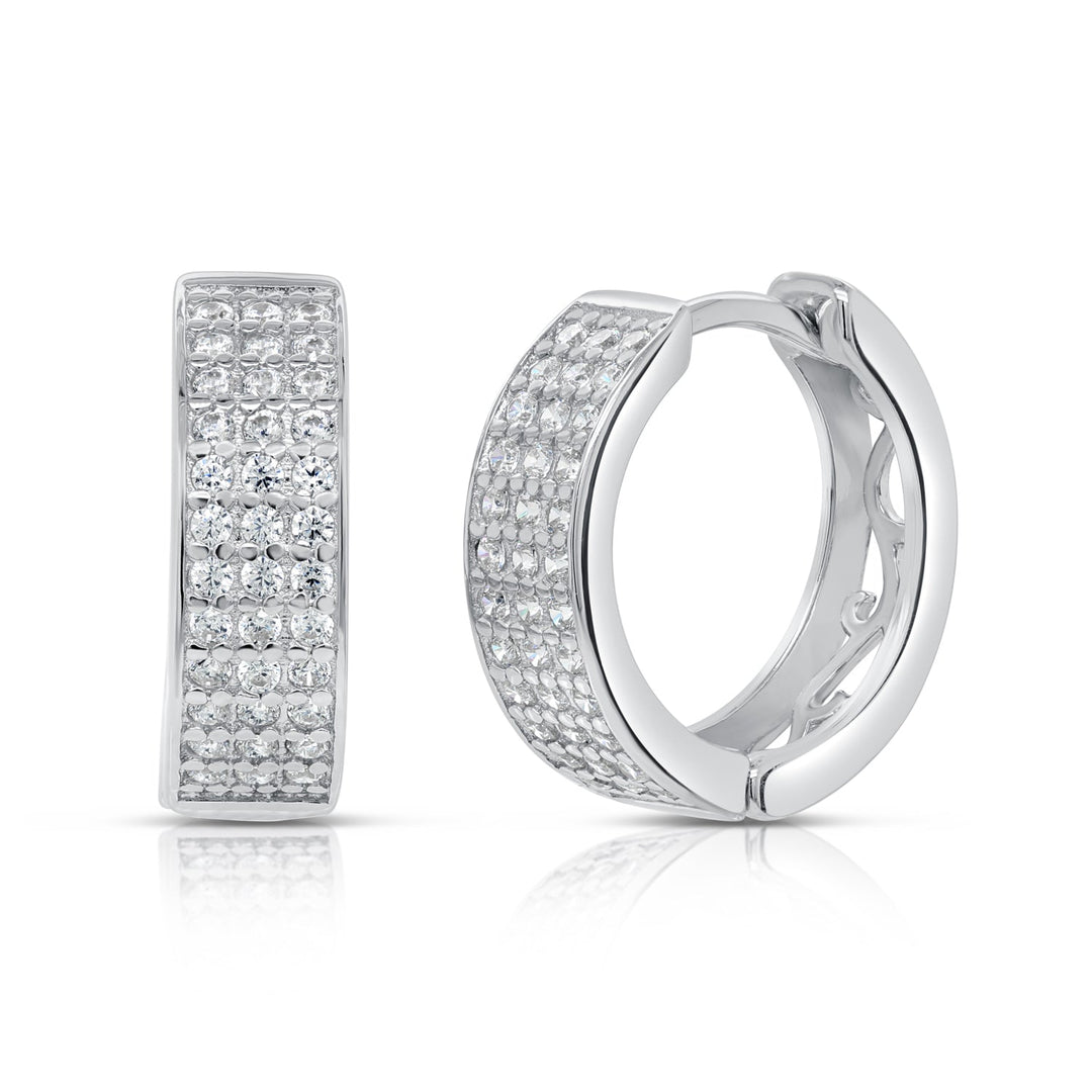 925 Sterling Silver Triple Row Cubic Zirconia Huggie Hoop Earrings