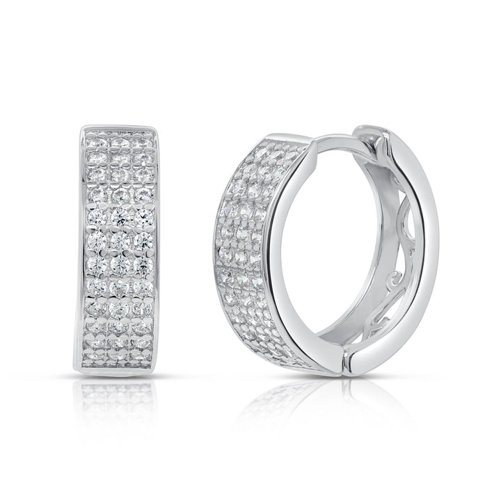 925 Sterling Silver Triple Row Cubic Zirconia Huggie Hoop Earrings