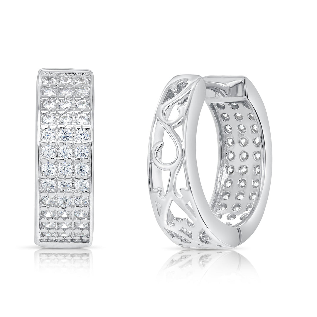 925 Sterling Silver Triple Row Cubic Zirconia Huggie Hoop Earrings