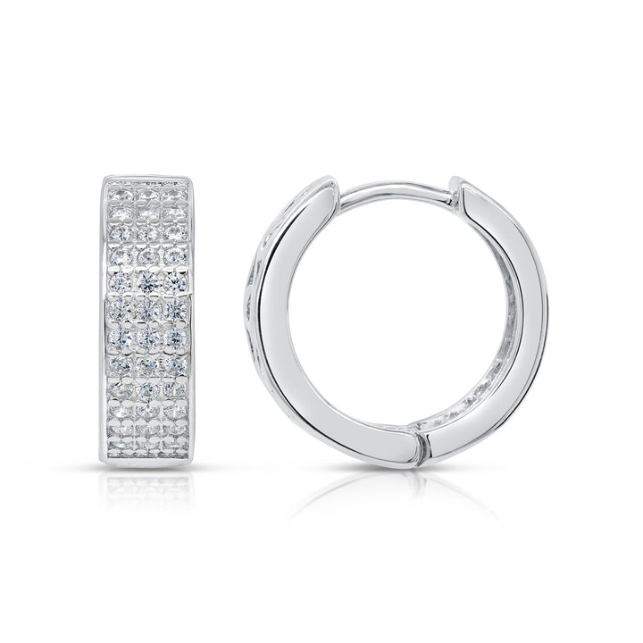 925 Sterling Silver Triple Row Cubic Zirconia Huggie Hoop Earrings