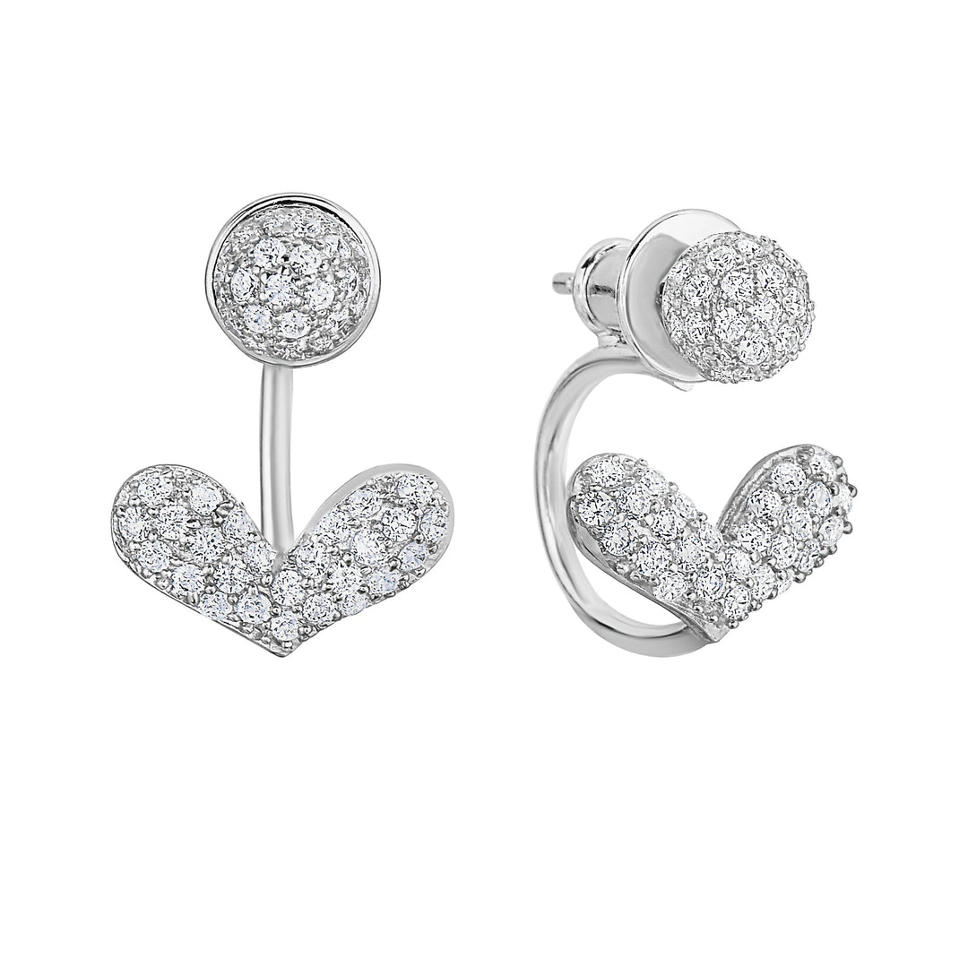 925 Sterling Silver Heart Cubic Zirconia Front-Back Stud and Ear Jacket Drop Earring Set