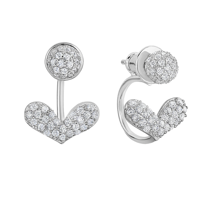 925 Sterling Silver Heart Cubic Zirconia Front-Back Stud and Ear Jacket Drop Earring Set