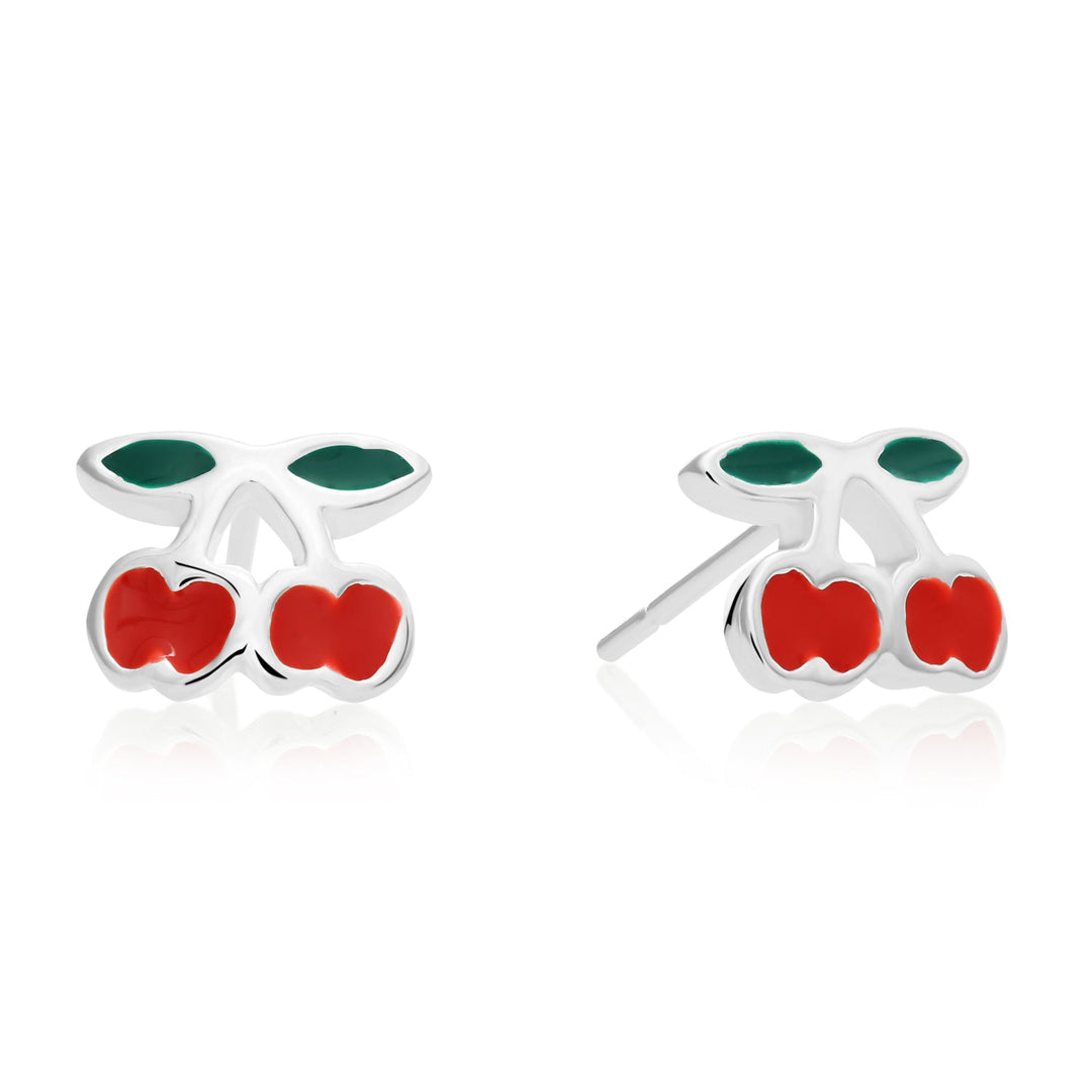 925 Sterling Silver Enamel Cherry Push Back Drop Studs