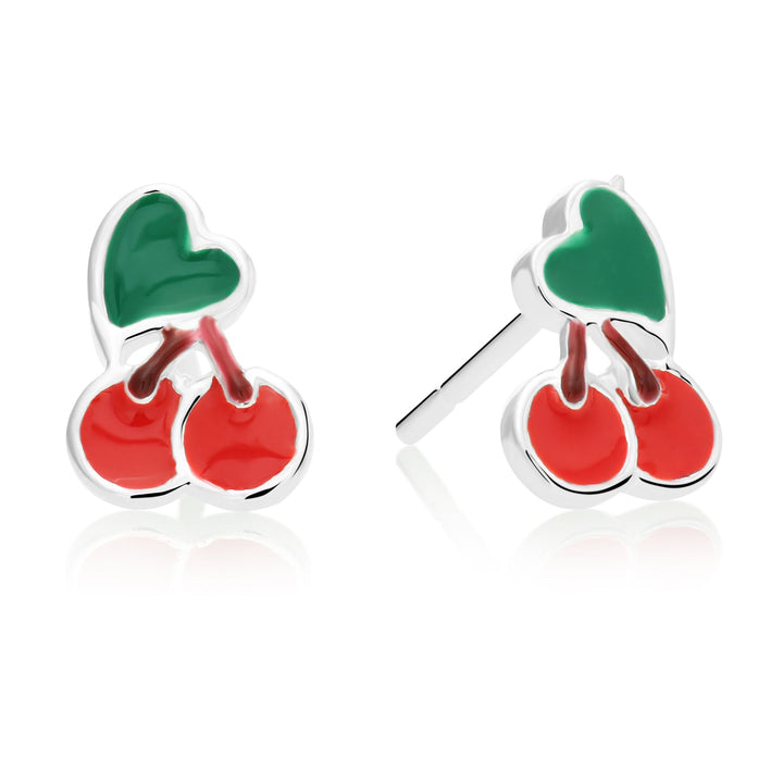 925 Sterling Silver Enamel Cherry Push Back Drop Studs