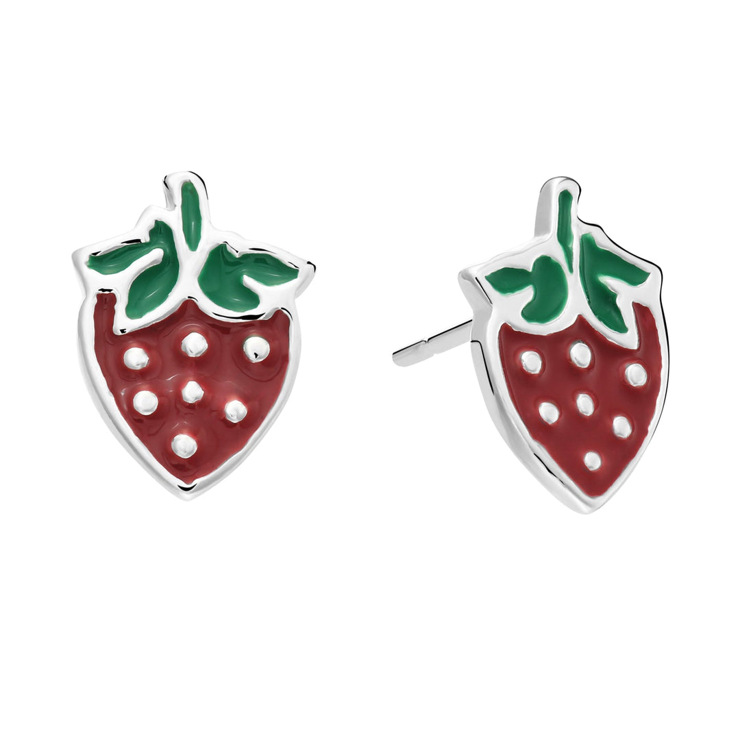 925 Sterling Silver Enamel Strawberry Push Back Drop Studs