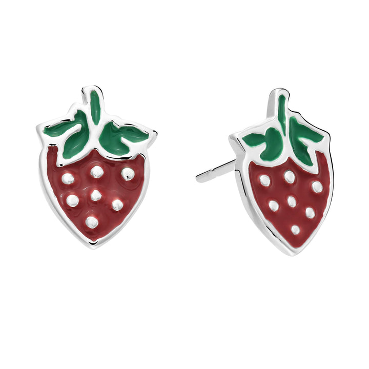 925 Sterling Silver Enamel Strawberry Push Back Drop Studs