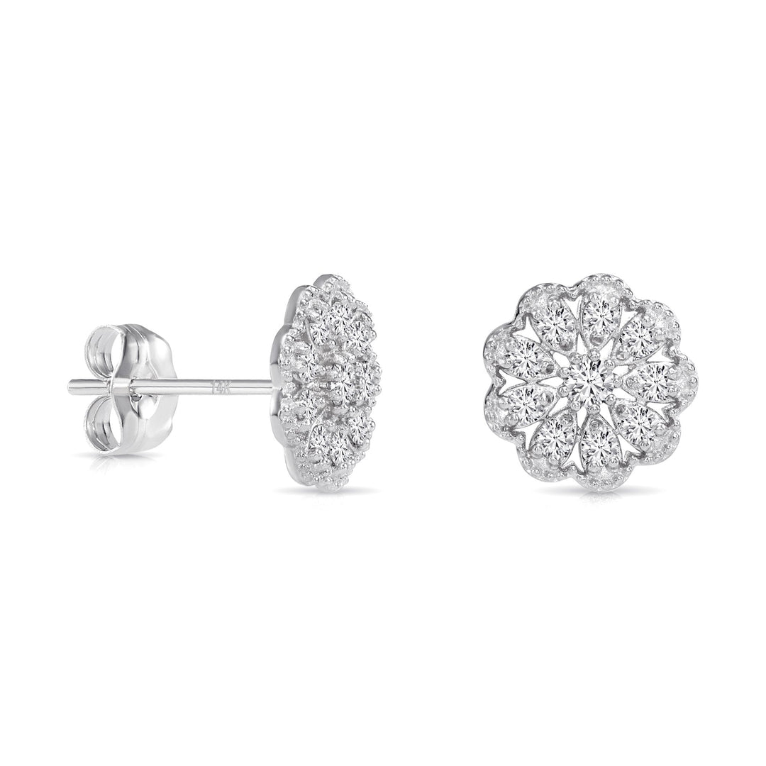 14k Yellow Gold Milgrain Flower Cluster Lab Diamonds Stud Earrings - Push Backs