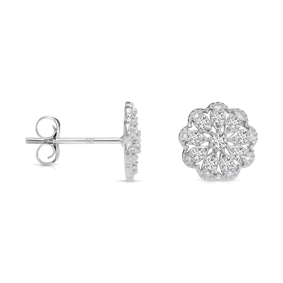 14k Yellow Gold Milgrain Flower Cluster Lab Diamonds Stud Earrings - Push Backs
