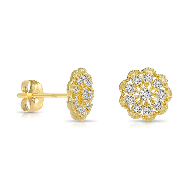 14k Yellow Gold Milgrain Flower Cluster Lab Diamonds Stud Earrings - Push Backs