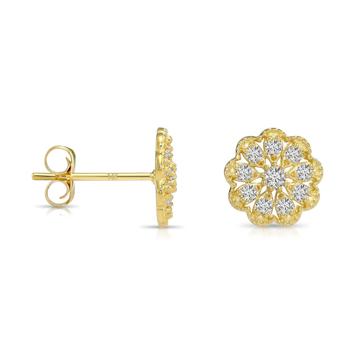 14k Yellow Gold Milgrain Flower Cluster Lab Diamonds Stud Earrings - Push Backs