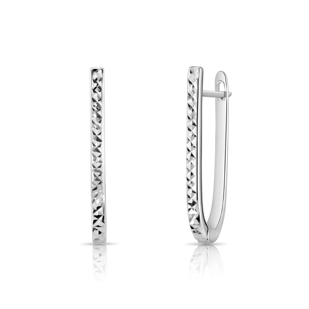 Sterling Silver Oval Huggie Hoop Diamond-cut Drop Earrings