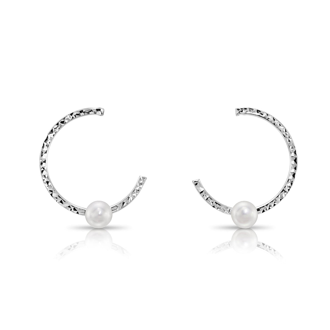 925 Sterling Silver Freshwater Pearl Semi-Hoop Stud Drop Earrings, Diamond-cut