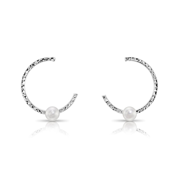 925 Sterling Silver Freshwater Pearl Semi-Hoop Stud Drop Earrings, Diamond-cut