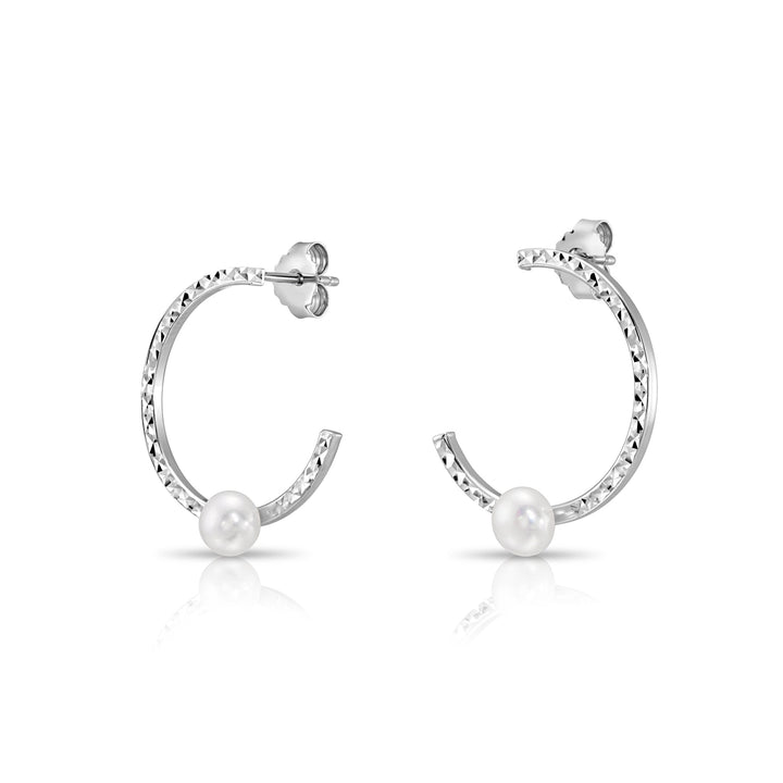 925 Sterling Silver Freshwater Pearl Semi-Hoop Stud Drop Earrings, Diamond-cut