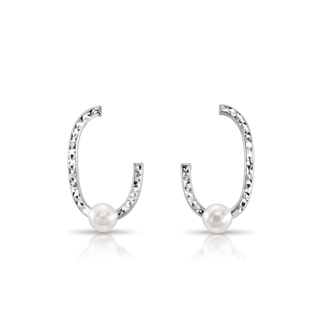 925 Sterling Silver Freshwater Pearl Diamond-cut Oval Stud Drop Earrings