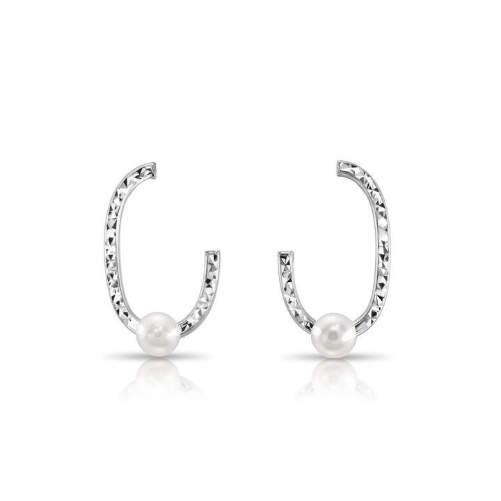 925 Sterling Silver Freshwater Pearl Diamond-cut Oval Stud Drop Earrings