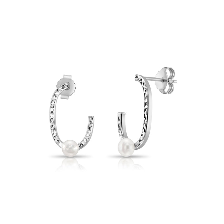 925 Sterling Silver Freshwater Pearl Diamond-cut Oval Stud Drop Earrings