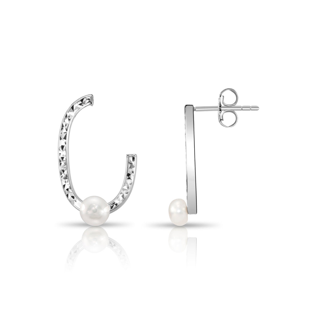 925 Sterling Silver Freshwater Pearl Diamond-cut Oval Stud Drop Earrings