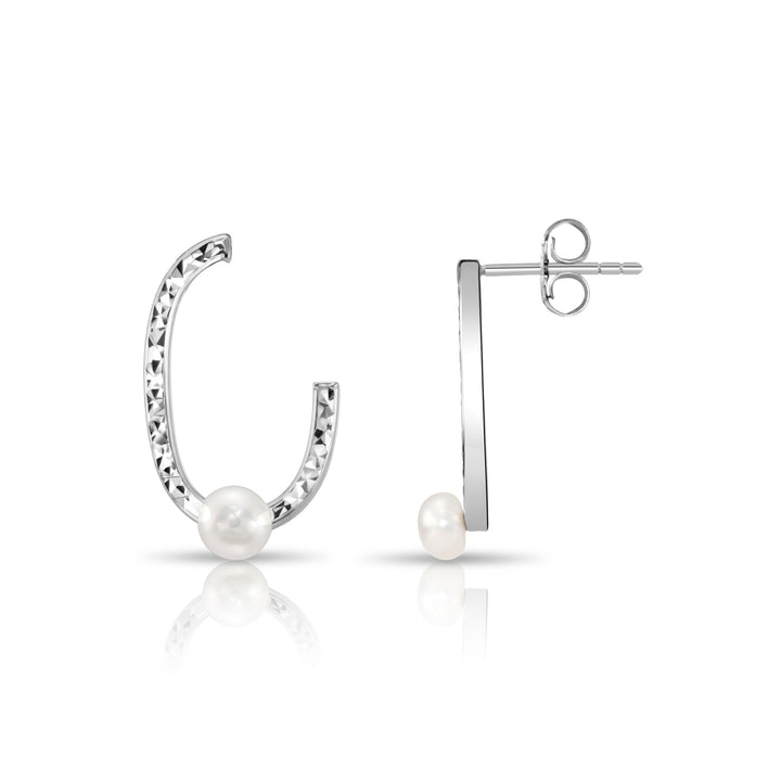 925 Sterling Silver Freshwater Pearl Diamond-cut Oval Stud Drop Earrings